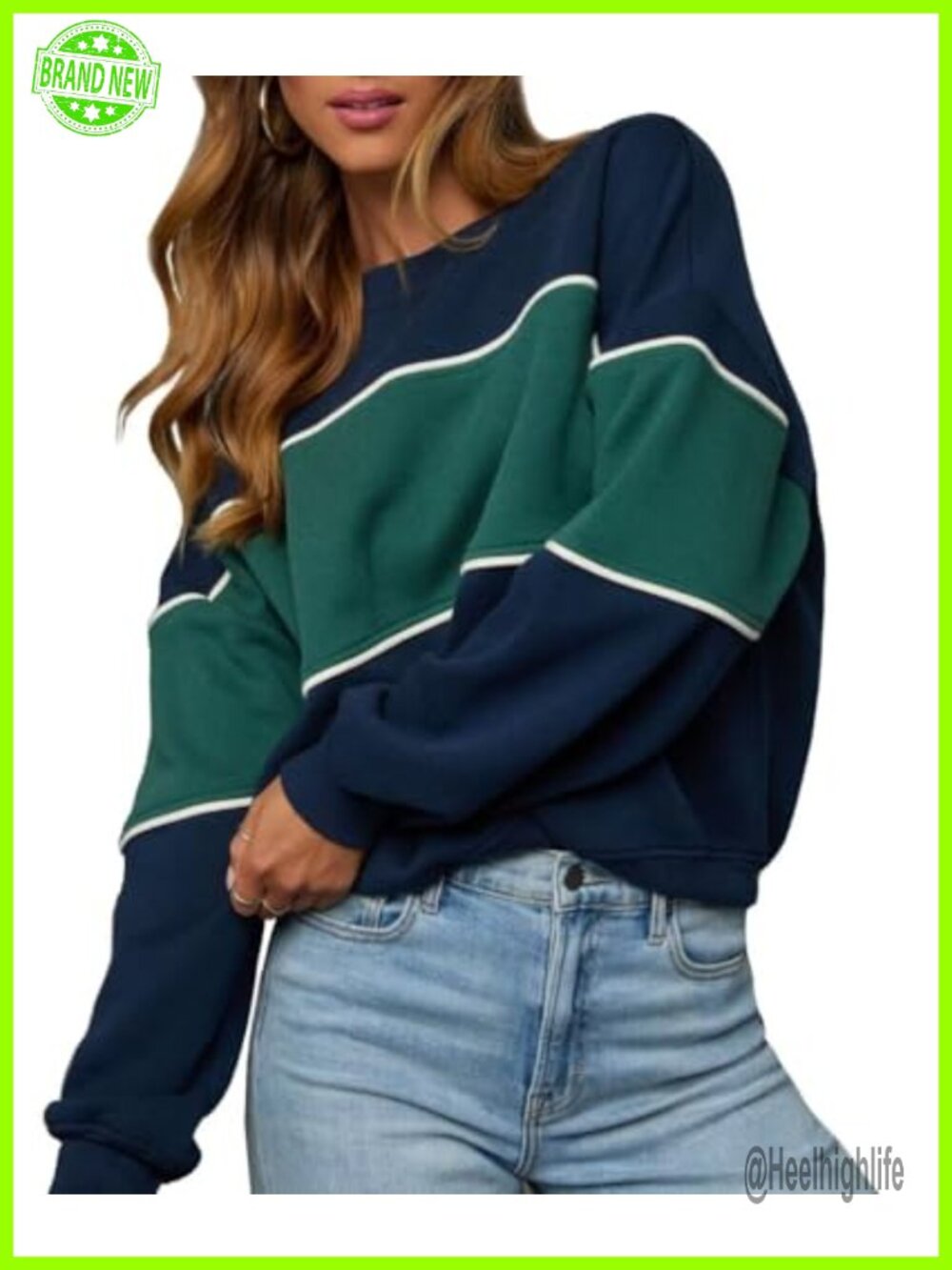 Womens Long Sleeve Oversized Crewneck Color Block Sweatshirt